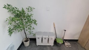 A corner of a room with a potted plant, three trash bins, a mop, and a pair of slippers.