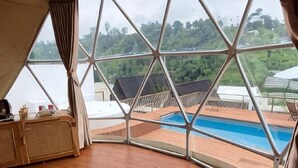 Ein Raum in Form einer Geodätischen Kuppel mit Pool und Blick ins Freie.
