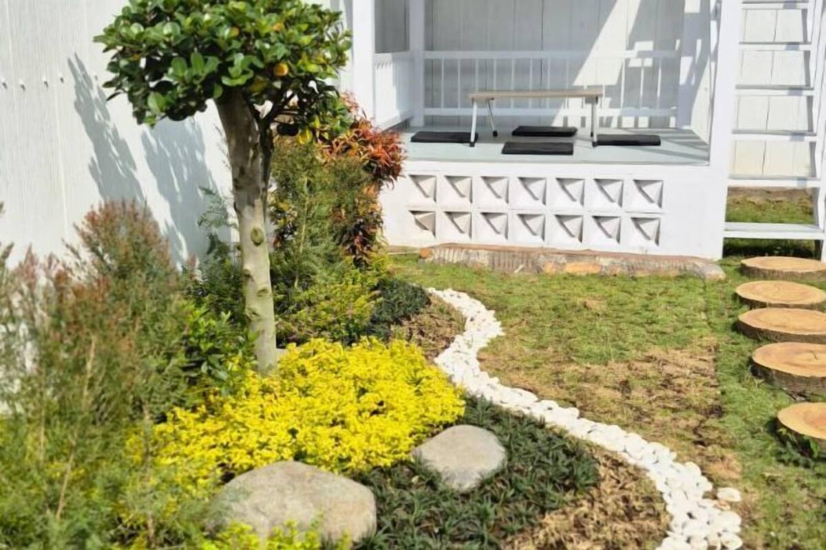 Ein Garten mit einer weißen Bank, gelben Blumen und einem Baum.