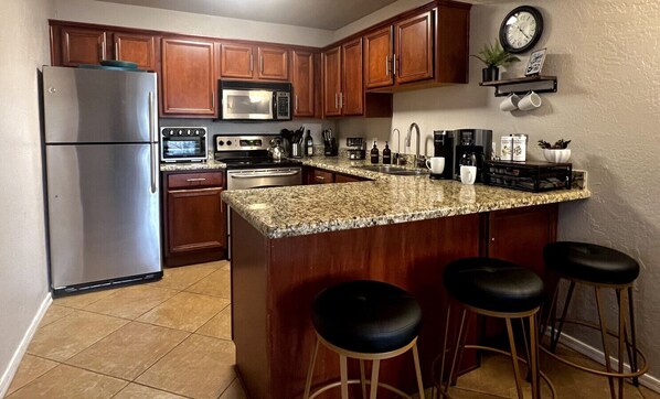 Fridge, microwave, oven, stovetop