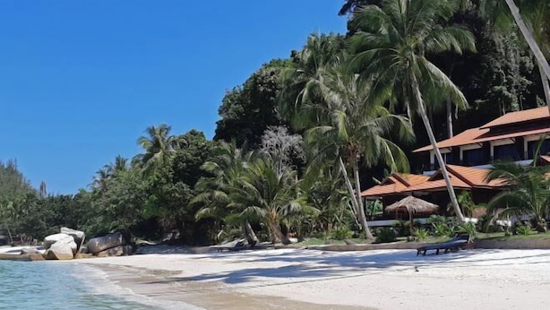 Uma praia com águas turquesa cristalinas, palmeiras e um edifício com telhado vermelho.