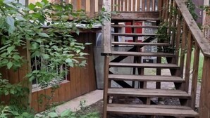 A wooden staircase leading to a wooden deck with a metal grill and a wooden fence. - UB Friends Hostel (Ulaanbaatar)