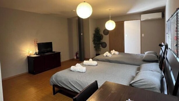 Quarto de hotel com duas camas, uma TV em um móvel, uma mesa de jantar e uma planta.