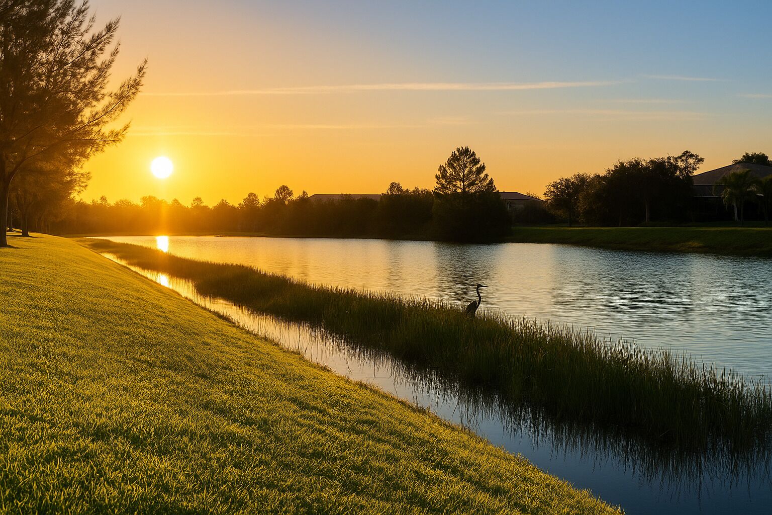 Une scène paisible au bord d’un lac, avec une rive herbeuse et des arbres en arrière-plan, au coucher du soleil.