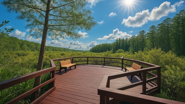 A wooden deck with benches, surrounded by lush greenery and a clear sky. - Horse Creek Retreat (Fort Myers)