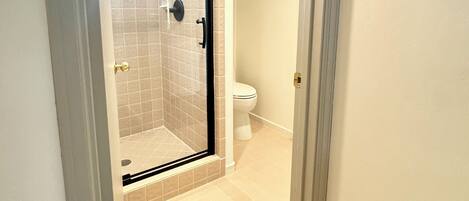 A bathroom with a glass-enclosed shower, a toilet, and a tiled floor.