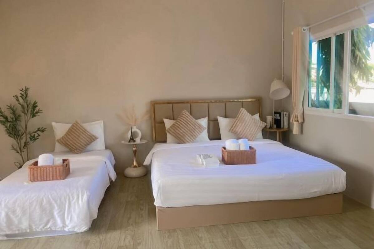 A hotel room with two beds, each with white linens and decorative pillows. There is a bedside table with a lamp and a small plant.