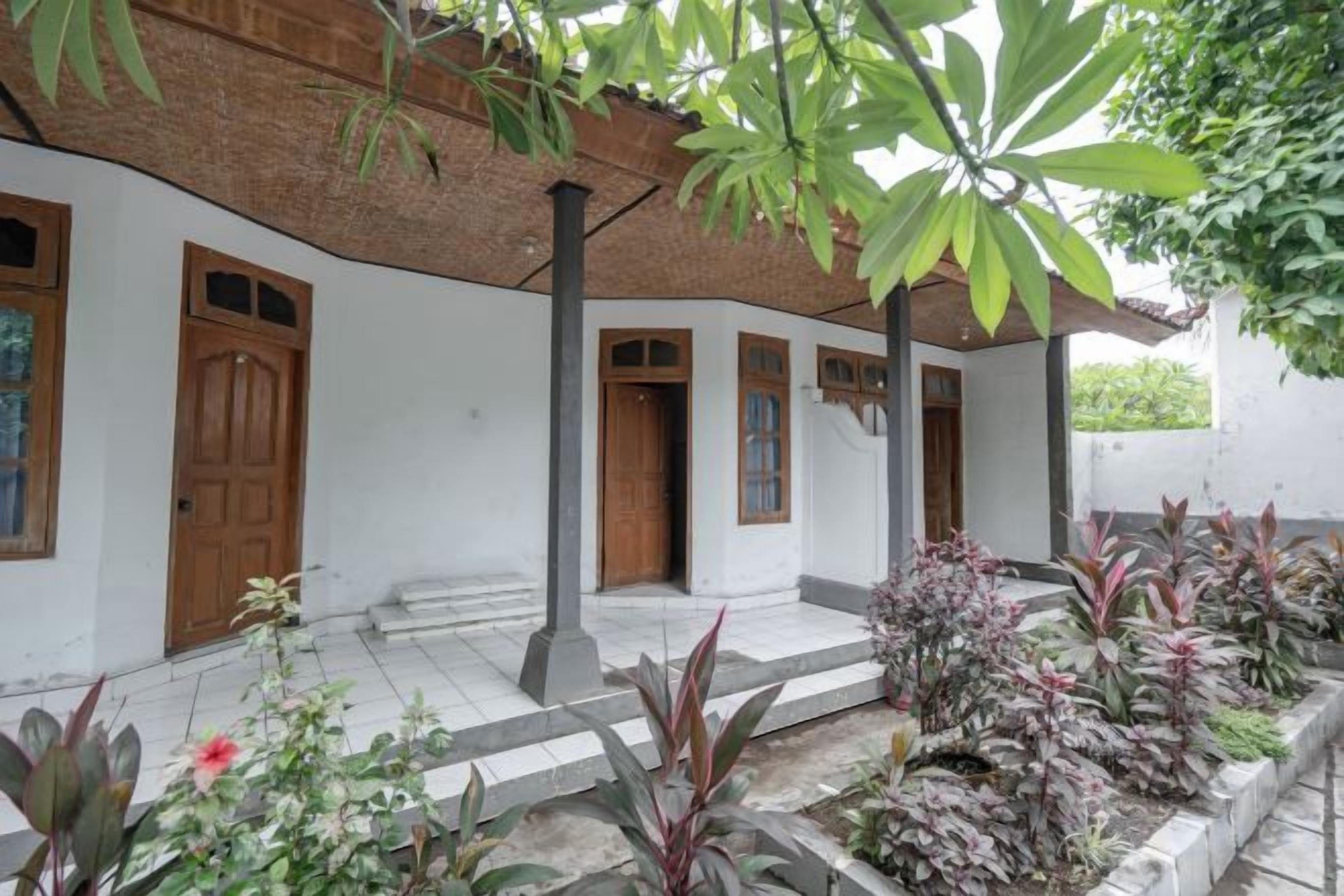 A courtyard with a covered walkway, white walls, wooden doors, and a variety of plants.