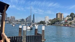 Ein Yachthafen mit vertäuten Booten, im Hintergrund eine Stadtansicht und ein klarer, blauer Himmel.