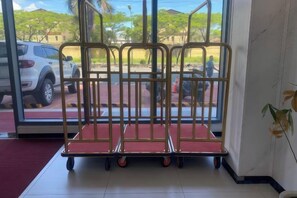 A hotel lobby with a glass door leading outside, a red carpet, and metal barriers.