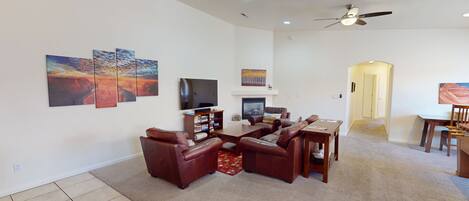 TV, fireplace, table football, books