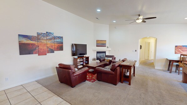 TV, fireplace, table football, books