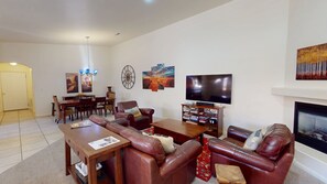 TV, fireplace, foosball, books