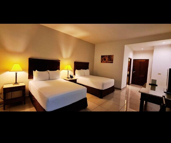 Double Room, 2 Queen Beds, Non Smoking, Pool View | In-room safe, desk, blackout curtains, soundproofing