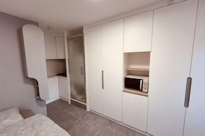 A bedroom with a bed, a wardrobe, and a built-in kitchenette.