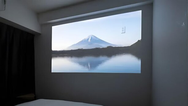 A room with a bed and a large window displaying a mountain view. - Garden Otsuka (Tokyo)