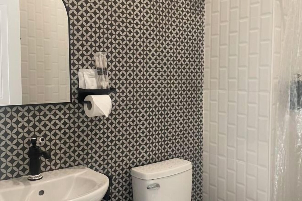 Une salle de bain avec un lavabo blanc, un robinet noir et des toilettes. Un distributeur de serviettes et un rouleau de papier toilette sont fixés au mur.
