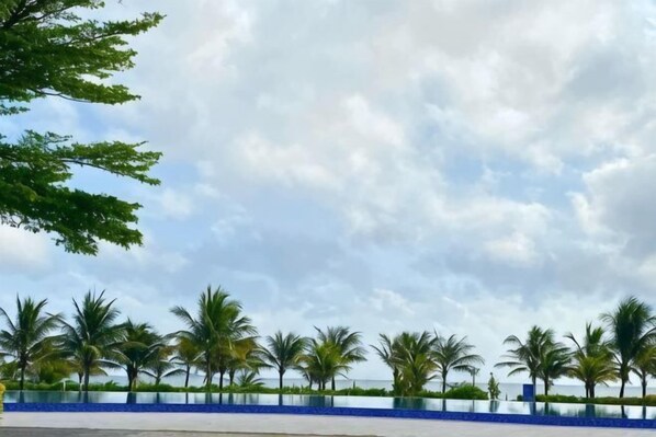 Vista sull'acqua con palme e cielo sereno.
