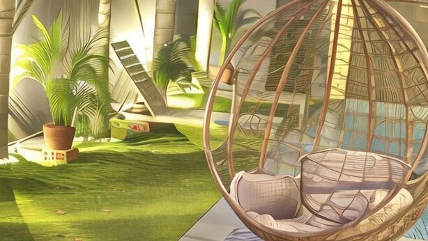 A hanging chair in a room with a tropical theme, including palm trees and a hammock. - JJH Serviced Apartments Near Serangoon MRT (Singapore)
