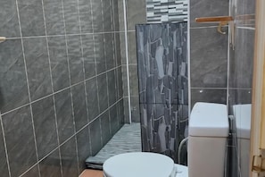 Un baño con inodoro, ducha y pared de azulejos.