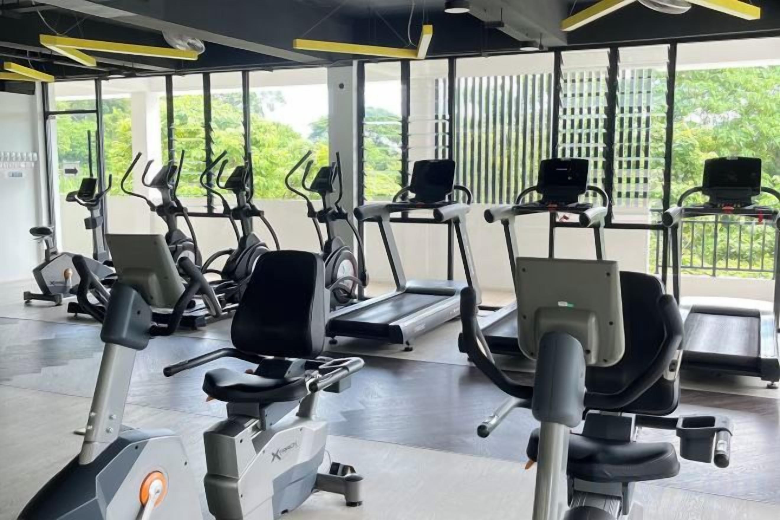 A gym with various exercise equipment, including treadmills and stationary bikes, and large windows offering a view of greenery.