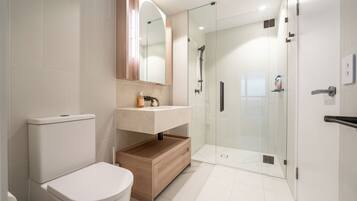 Shower, hair dryer, towels, soap