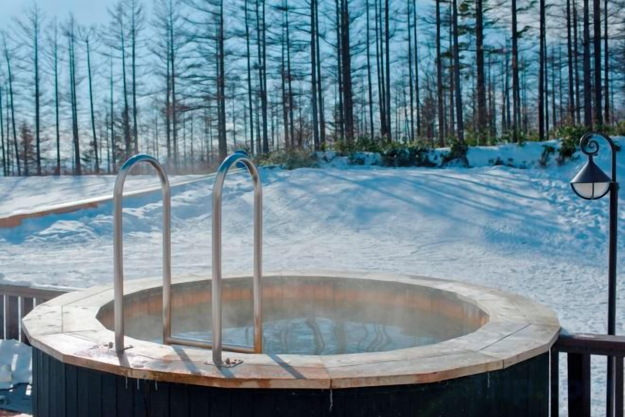 A hot tub with metal ladders, surrounded by snow and trees.