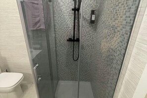 Eine gläserne Duschkabine mit Handbrause, Toilette und gefliesten Wänden.
