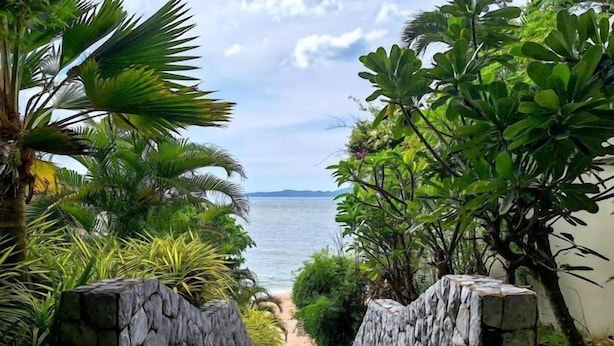 Camí cap a una platja amb vegetació exuberant i una paret de pedra a un costat.