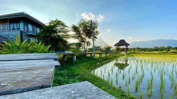 A wooden deck overlooking a calm water body with a thatched structure in the distance and a mountain in the background.