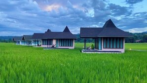 A row of traditional-style buildings with pitched roofs, set in a lush green field. - Baan Porhdoi Goidao (Chiang Dao)