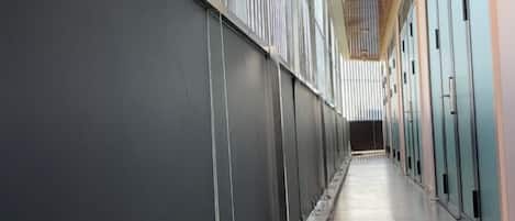 Un pasillo con casilleros a un lado y una pared al otro.