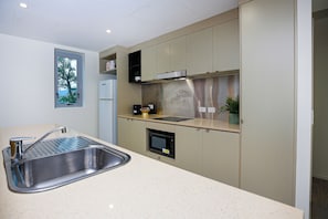 Apartment, City View | Private kitchen | Full-sized fridge, microwave, stovetop, dishwasher