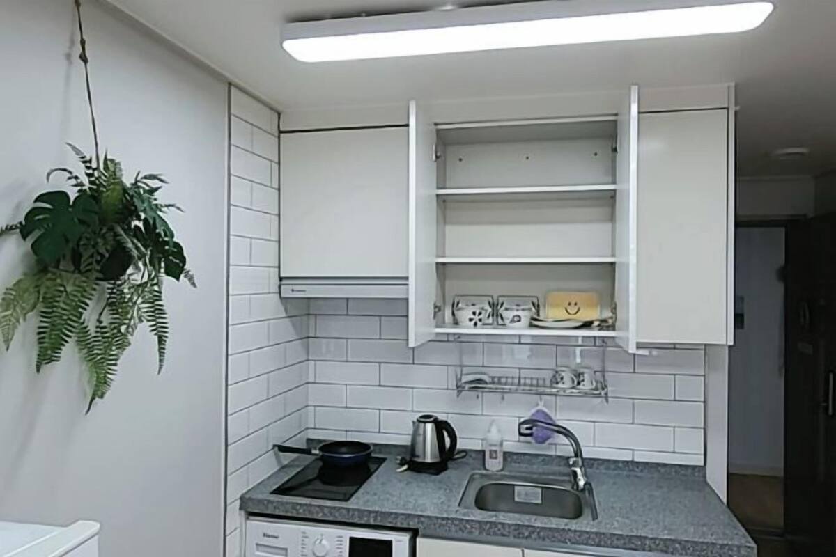 Una cocina con armarios blancos, un lavamanos, una estufa y una planta.