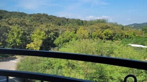 A view from a balcony with a railing, overlooking a road and dense greenery with hills in the background. - Incheon Airport ANN Guesthouse (Incheon)
