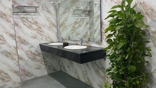 Une salle de bain aux murs recouverts de marbre, avec deux lavabos, un miroir et une plante verte.
