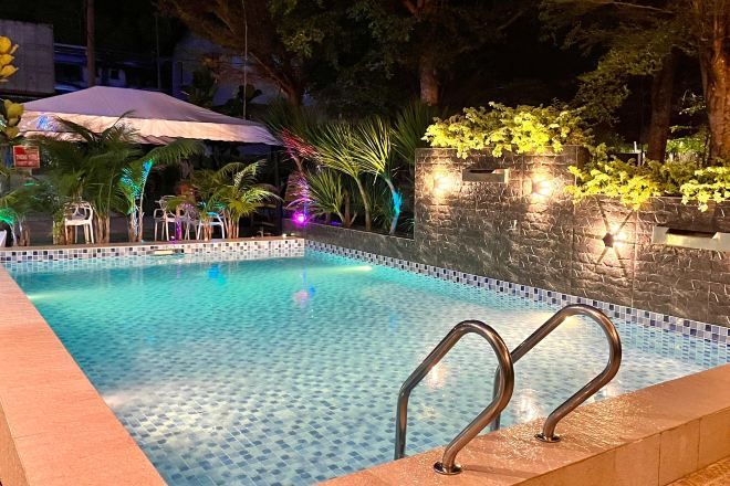 A swimming pool with a tiled edge and a stone wall with plants.