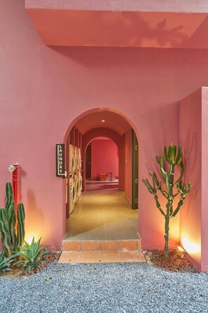 A hallway with a pink wall, a sign reading 'LAUNDRY', and a cactus plant.