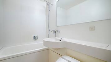 A bathroom with a bathtub, a sink, a mirror, and a showerhead.