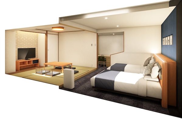 A hotel room with a sofa bed, a TV, a small table, and a desk. - ART HOTEL Sasebo Central (Sasebo)