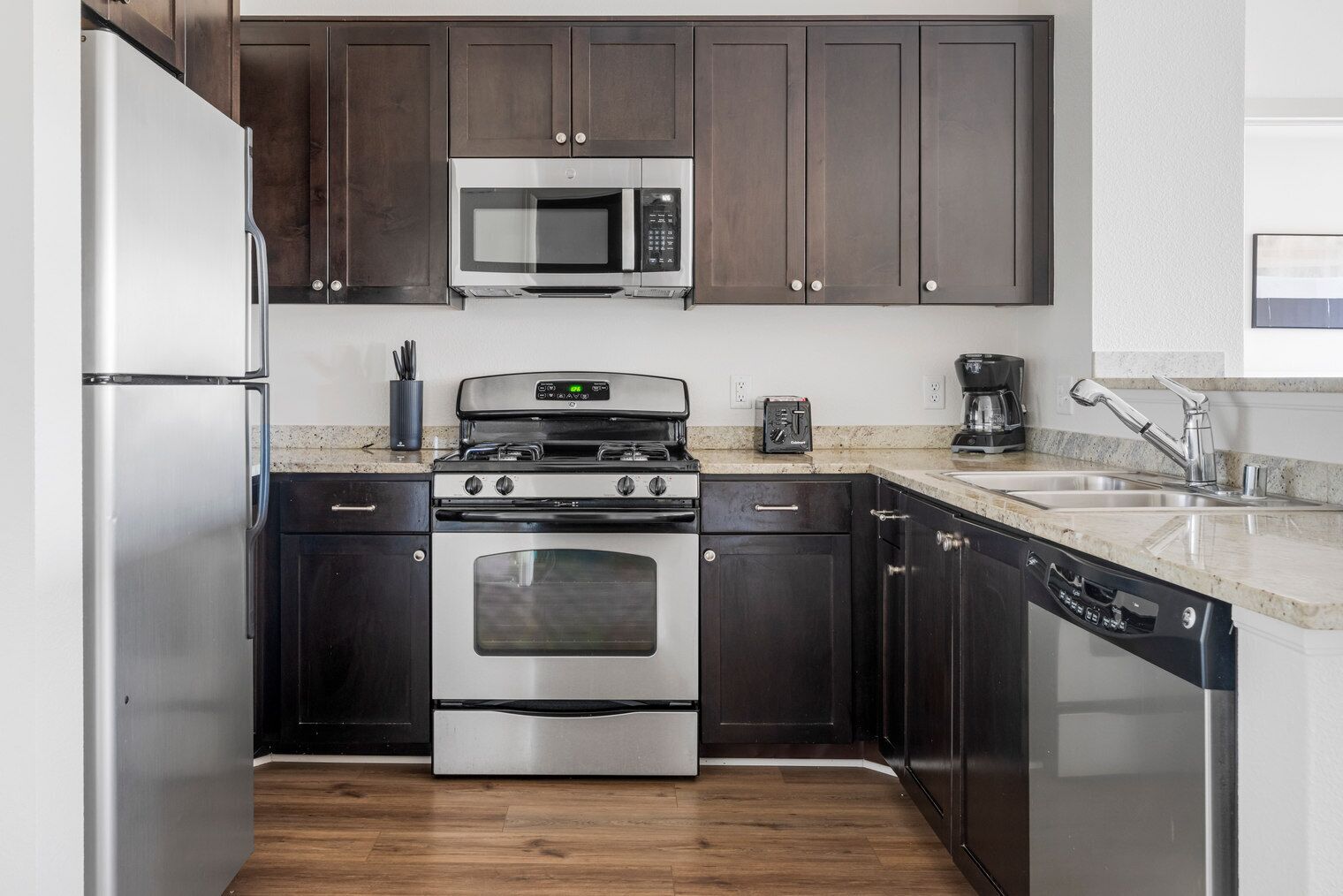 Fridge, microwave, oven, dishwasher