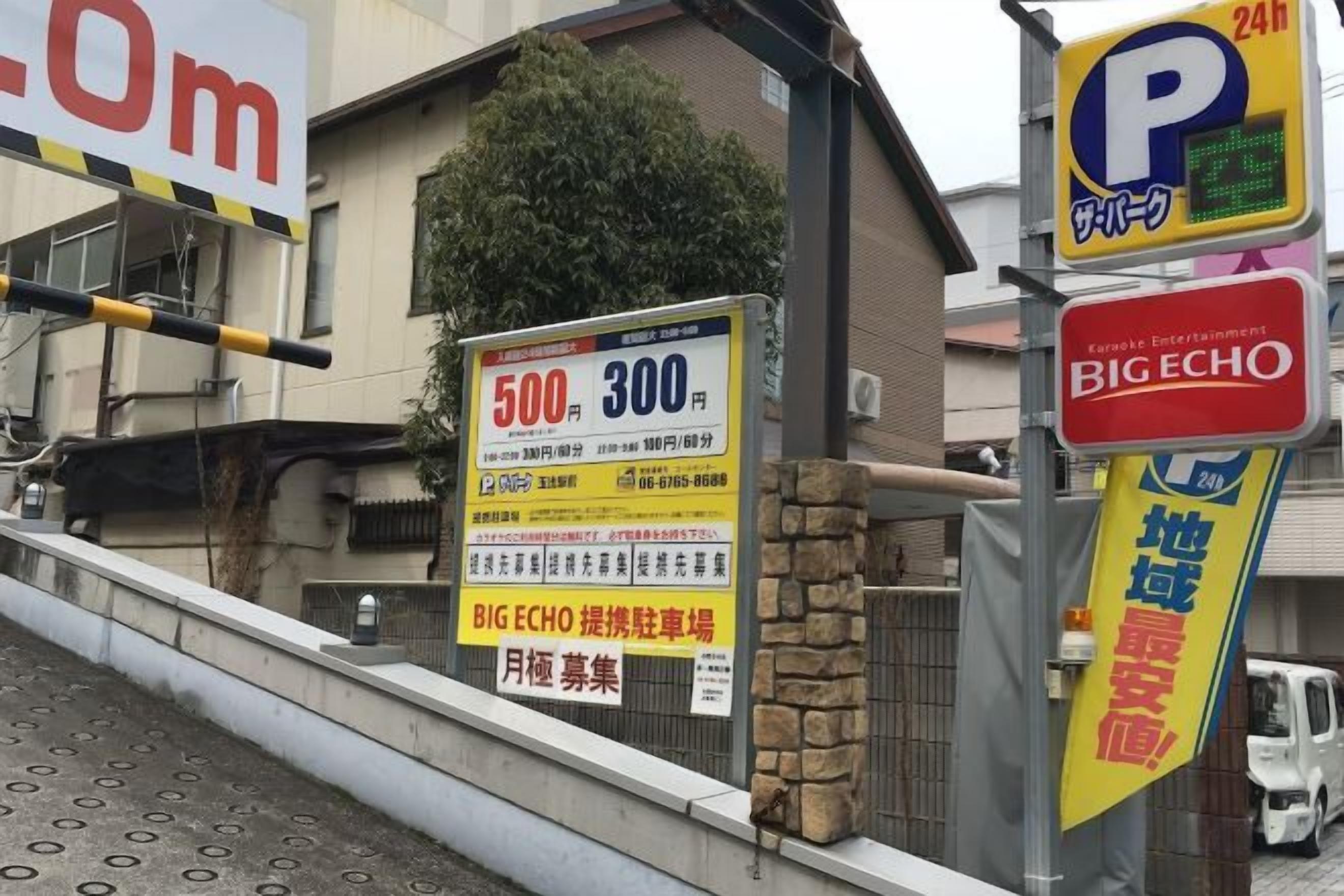 A parking sign with a 24-hour symbol, a Big Echo advertisement, and a stone wall.