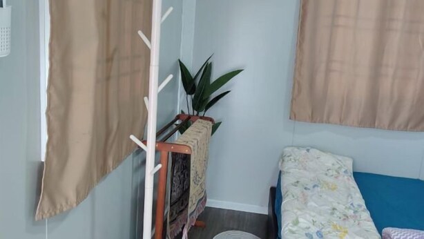 Ein Zimmer mit einem Bett, einem kleinen Tisch mit einer Pflanze, einem Wandregal und einem Vorhang.