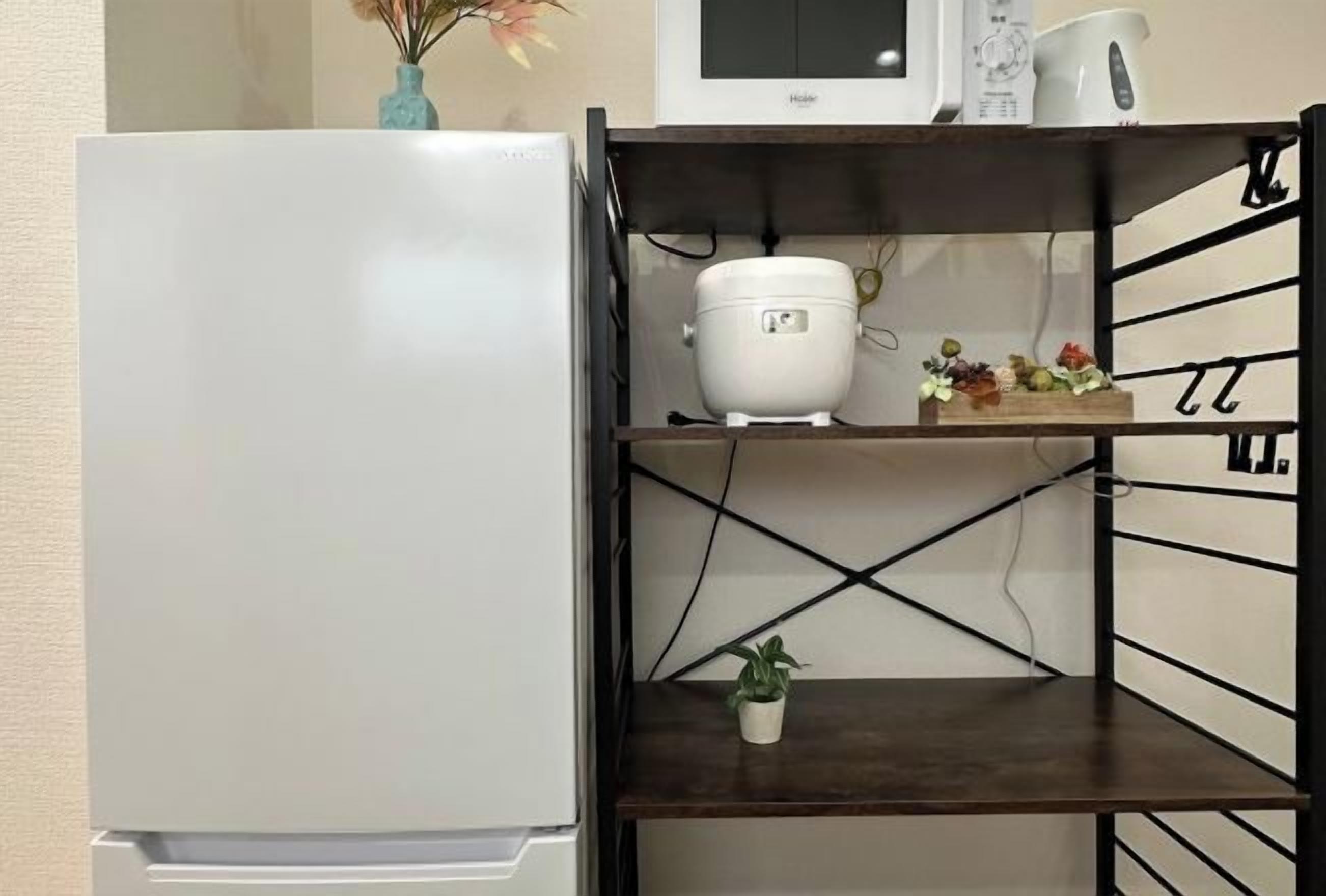 A kitchen area with a white refrigerator, a microwave, and a coffee maker on a shelf. There is a small plant on a lower shelf.