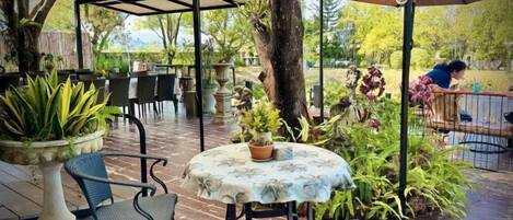 Um pátio externo com mesas e cadeiras, rodeado por plantas em vasos e uma piscina.