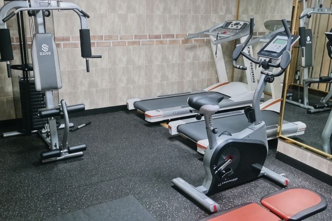 A gym with treadmills, weight machines, and a mirrored wall.