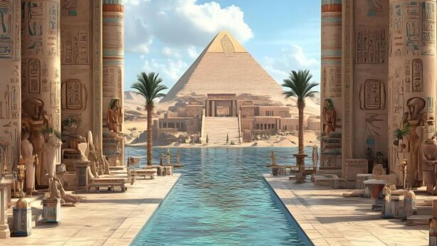 Une longue et étroite piscine, bordée de statues et de colonnes de chaque côté, qui mène à une pyramide située au fond.
