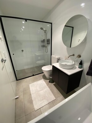 Shower, hair dryer, bidet, towels