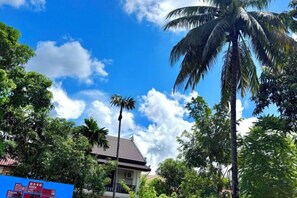 A tropical setting with a clear sky, palm trees, and a building with a tiled roof.
