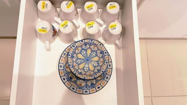 A white cabinet with multiple white mugs and a decorative plate. - Malaysia Kulai D'Putra Suites Serviced Apartment (Kulai)